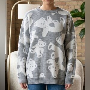 Vintage Classic Essentials Grey White Novelty Knit Teddy Bear Sweater 24W (L/XL)